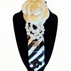 Vintage Black and White Striped Tie with Floral and Pearl Embellishments
